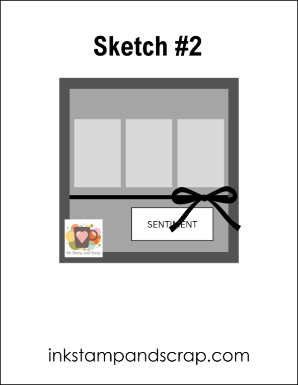 square card sketch with three scraps and a ribbon